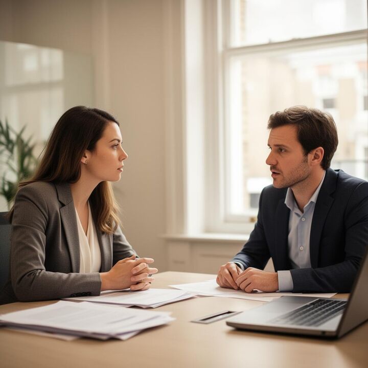 A UK employee in a serious face to face meeting with an HR manager across a desk in a bright office, with paperwork and a laptop between them, illustrating a workplace conversation about rights under the Equality Act 2010.