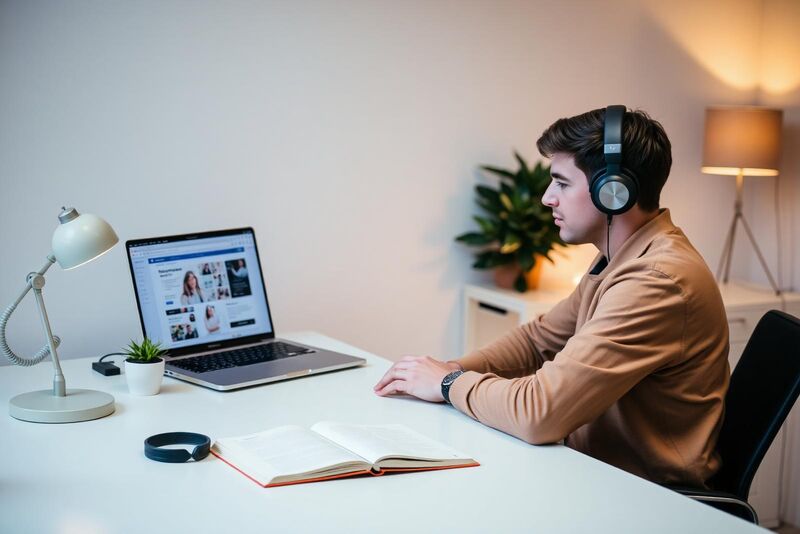 A neurodivergent UK professional working calmly at a tidy desk with noise cancelling headphones, a warm desk lamp and an open notebook, illustrating supportive workplace adjustments.