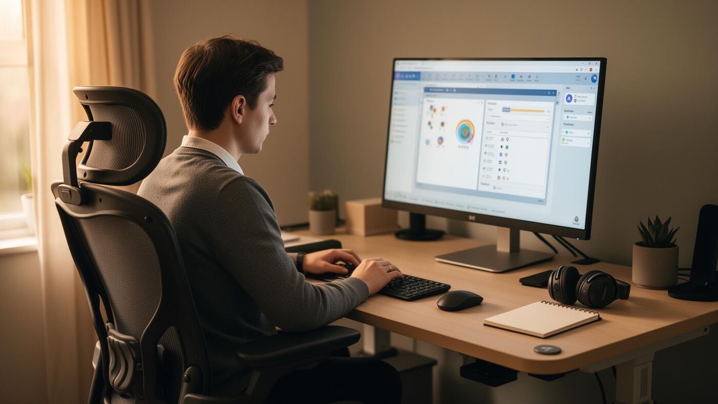 A UK professional working at a height adjustable home office desk with an ergonomic chair, large monitor running assistive software, noise cancelling headphones and a notebook in soft warm light, illustrating an Access to Work funded workstation.